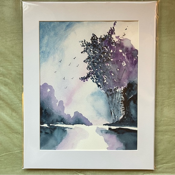 Watercolor Semi Abstract Landscape Wall Art Framed in Acid Free Art Kit, 11x14 - Picture 2 of 3